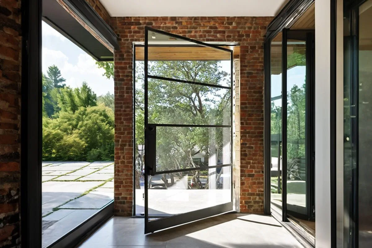 Large glazed pivot door open in a brick-walled entrance