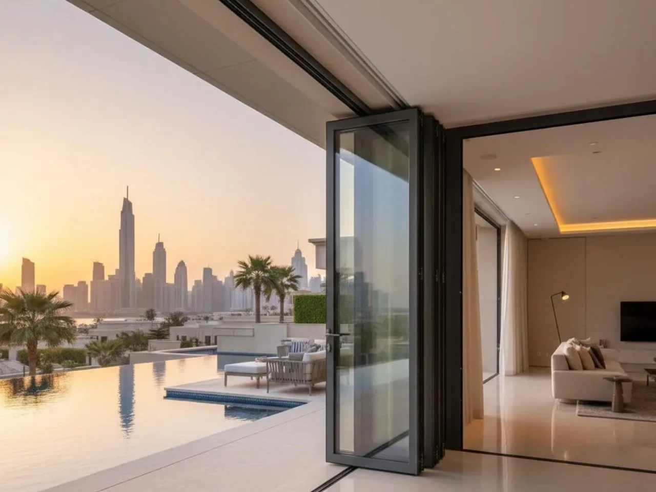 Slim aluminium sliding doors opened onto a terrace overlooking the Dubai skyline at dusk